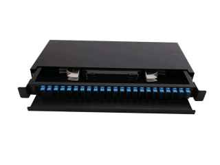 1U 19” SLIDING FIBER OPTIC PATCH PANEL, LOADED WITH 12 LC DUPLEX OM3 MULTIMODE ADAPTERS